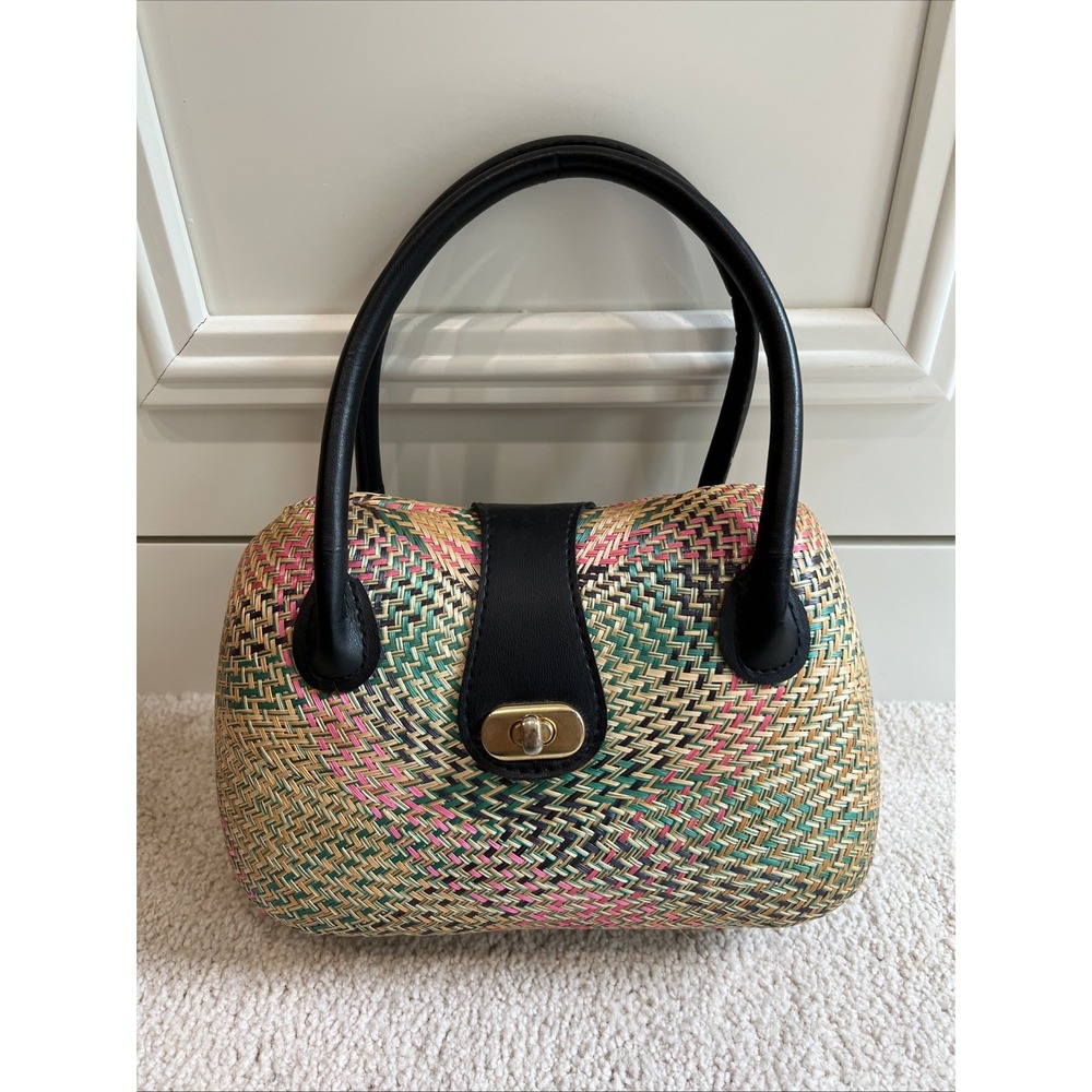 Vintage 70's Straw Woven Barrel Bag Satchel Handbag Multicolor Retro Boho